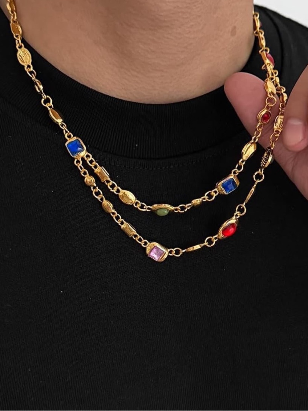 Anthropologie Gold Color Multicolor Gemstone Double-Layer Necklace - Picture 2 of 5
